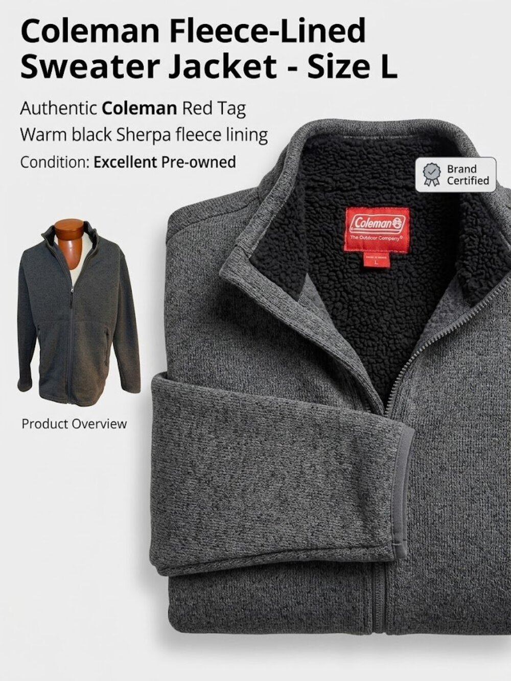Coleman Men's Full Zip Sweater Jacket - Size L Charcoal Grey Sherpa Fleece Lined